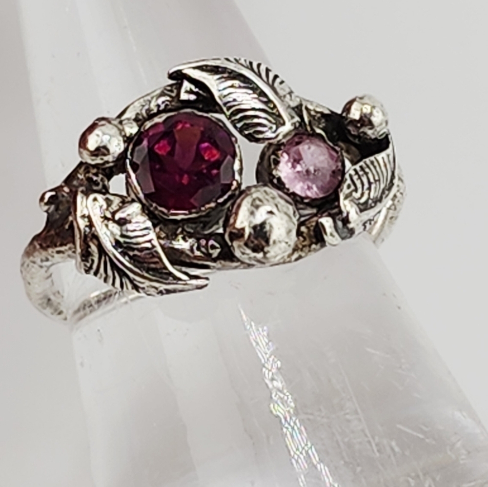GARNET & PINK QUARTZ RINH HANDMADE ON RECYCLED STEELING SILVER SIZE 9